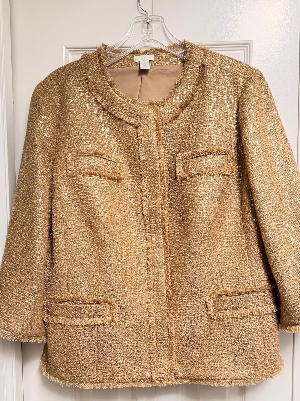 Chicos Noelle Gold Sequin Bouclé Fringe Jacket XL